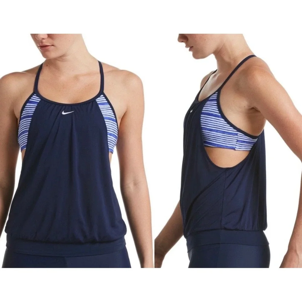 NWT Nike Womens Swim Tankini Top S Navy Blue Striped 2-in-1 Racerback‎ Vacation